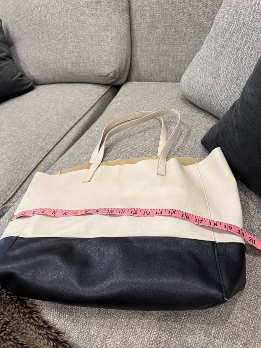 Chico's Ivory Navy Colorblock Faux Leather Tote Designer Inspired Quiet Luxury